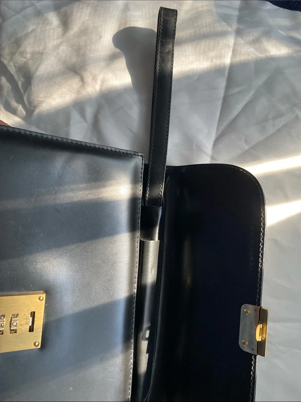 Bally Vintage Black Leather Clutch with Gold Lock and hidden strap